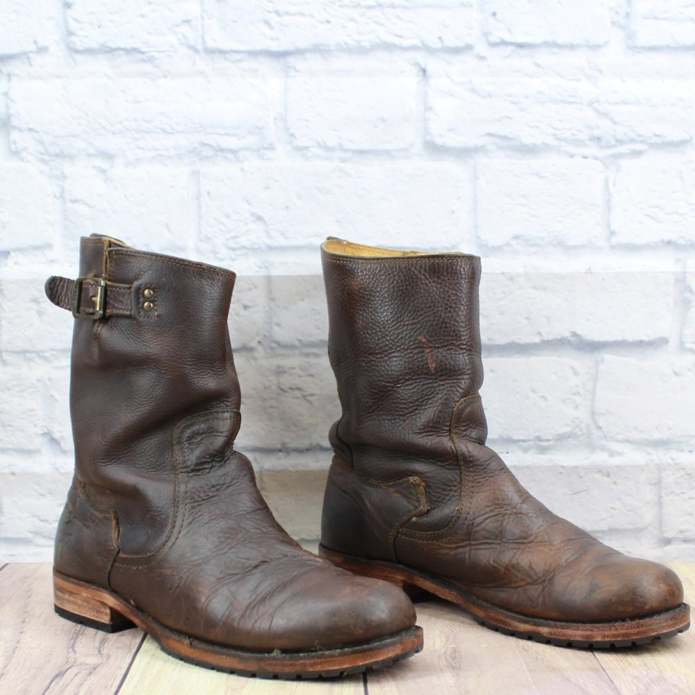 FRYE Brown Distressed Leather Buckle Strap Pull On Boots Size 7.5 D - Picture 2 of 9